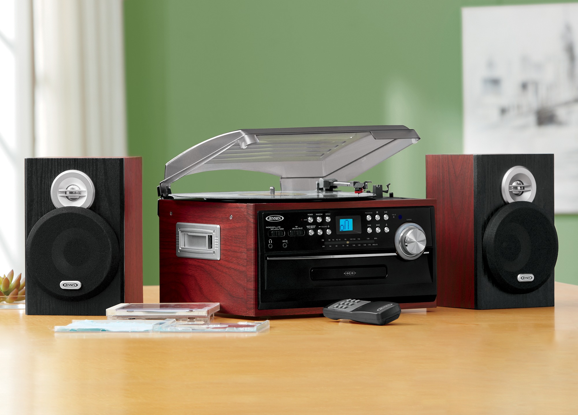 Am//fm Radio Jensen 3-speed Stereo Turntable Music System With Cd//cassette